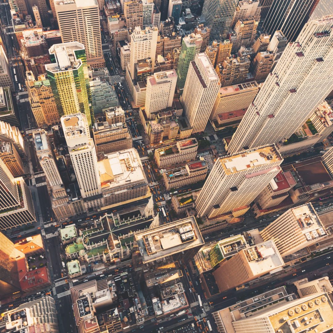 Aerial view of Midtown Manhattan Aerial view of Midtown Manhattan at sunset with a view of St Patricks Cathedral